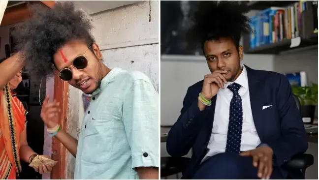 Suraj Yengde, greeted by his mother in Nanded, India (L), and Yengde in his office at the Shorenstein Center at Harvard's Kennedy School of Government. Image by Phillip Martin (L) and Meredith Nierman (R)/WGBH News. 2019. 