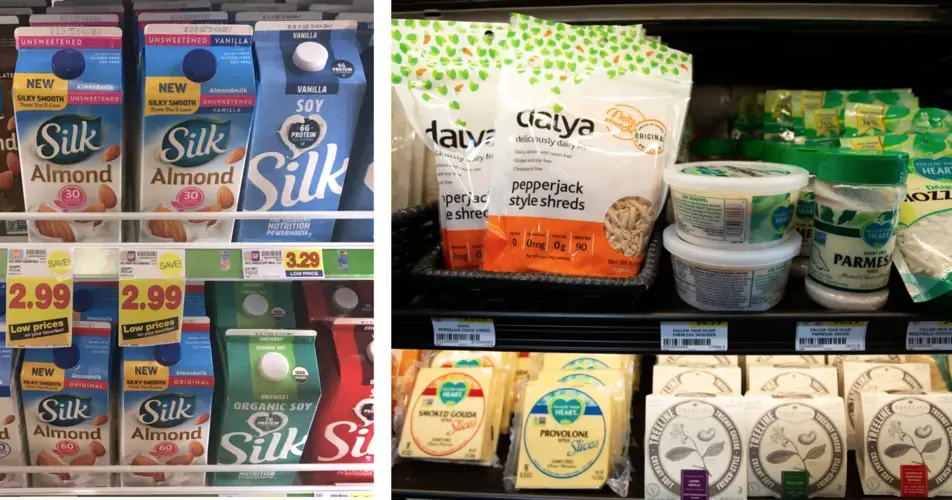 Dairy alternative products like plant-based milks and dairy free cheeses are gaining popularity in grocery stores. Image courtesy of Mark Hoffman and Colin Boyle. United States, 2019. 