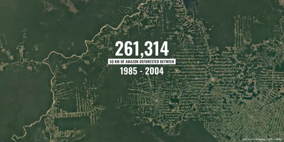 These satellite images show the deforestation of a 134,000 square km. area of the Brazilian state of Rondônia, on the frontier of the Amazon rain forest. The area shown accounts for just 2.2% of the Amazon’s 6 million total square km. Image courtesy of TIME. View the interactive image on the TIME website.