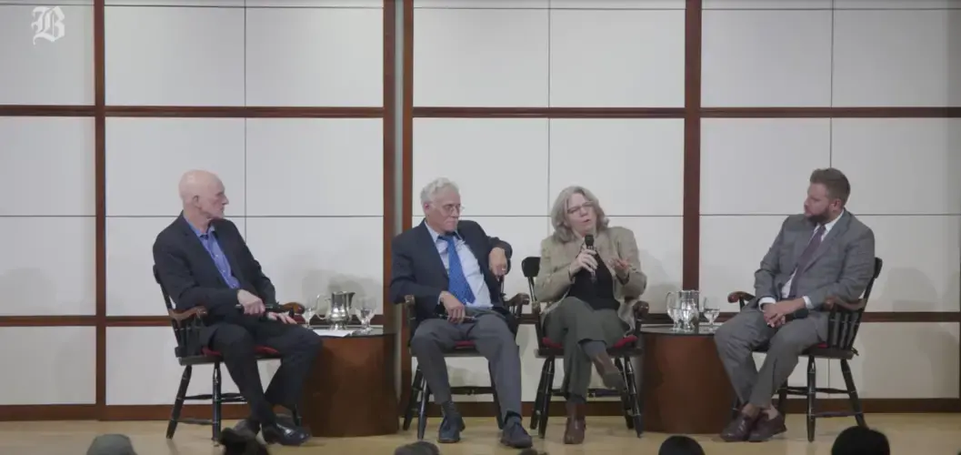 Linda Deegan, senior scientist at Woods Hole Research Center, speaks alongside Cutler J. Cleveland (far left), associate director of BU's Institute for Sustainable Energy, John Ohman (left), Cape Cod climate activist and owner of Liam's Restaurant, and Julian Cyr (right), Massachusetts state senator who represents Cape Cod, Martha’s Vineyard, and Nantucket. Image courtesy of The Boston Globe. United States, 2019.