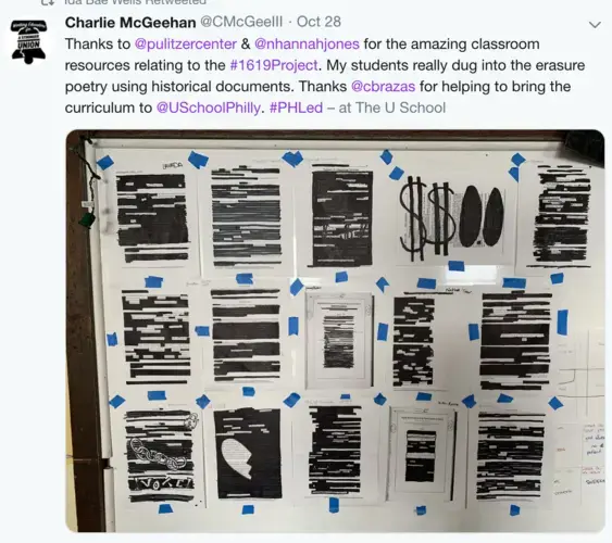 Image of a tweet from an educator showing a blackout poetry created by students in response to The 1619 Project