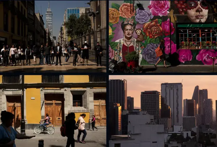 Mexico City’s colorful sidewalks bustle with pedestrians and bicyclists. Images by Erika Schultz. Mexico, 2019.