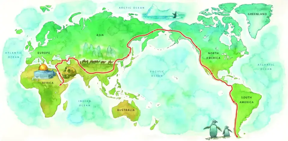 Salopek’s path — from Ethiopia in Africa to the tip of South America — is shown in red. At the start of 2020, he was in northern Myanmar, a country in Southeast Asia. To find that area on the map, look for the head of middle camel and find the section of the red line below it. Image by Steven Stankiewicz / For The Washington Post.