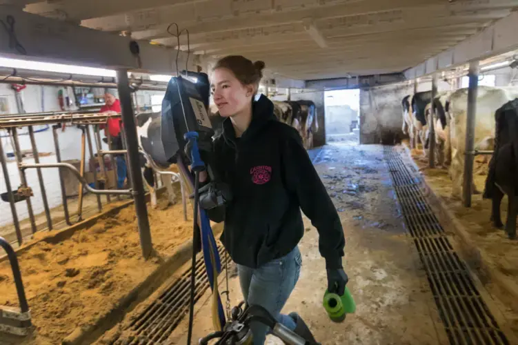 High school student Izzi Mason helps with morning chores on the Annette and Steve Trescher family farm in Cashton. Mason is one of about 90 students at Cashton Middle/High School taking agriculture-related courses. Image by Mark Hoffman/ Milwaukee Journal Sentinel. United States, 2020.