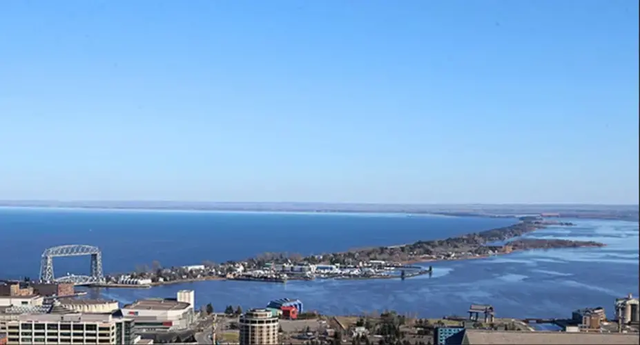 Duluth's Park Point neighborhood, a stretch of land vulnerable to erosion and lake storms that are increasing in severity. Image by Paul Walsh / MinnPost. United States, undated.