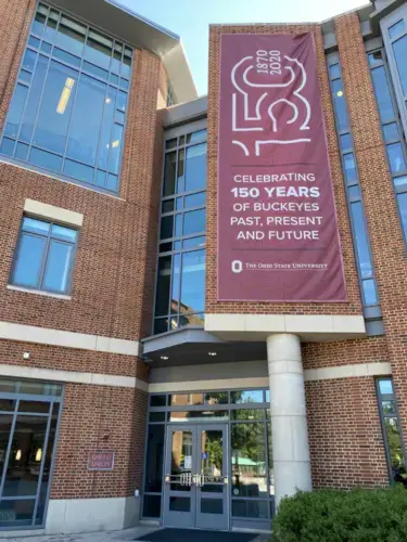 The entrance to Ohio State's Student Union, which celebrates the school's founding. Image courtesy of Eye On Ohio. United States, 2020.