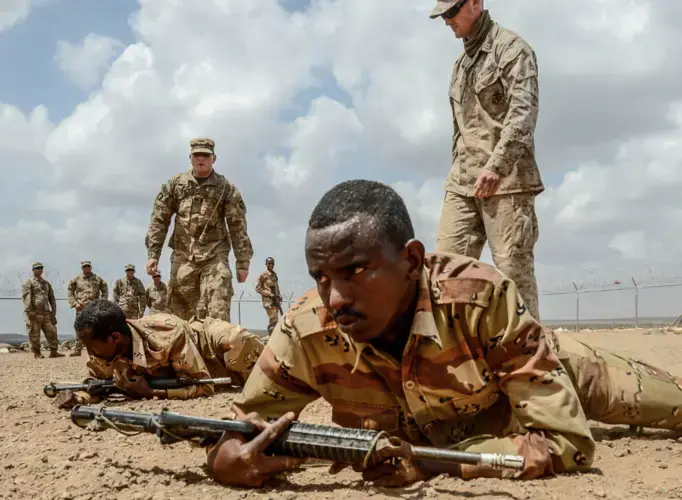 Oversight: US troops, such as these monitoring Djibouti soldiers, are known to be active in 22 African countries. Image by US Navy/Timothy Ahearn. Djibouti, 2018.