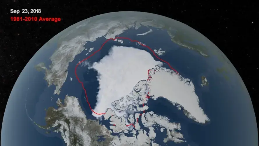 This NASA illustration shows the difference between the average Arctic ice cover at the end of the summer melt season in 1981-2010 and at the same time in 2018. Arctic ice cover varies from season to season and year to year but on average it's declining quickly. Image courtesy of NASA's Goddard Space Flight Center.