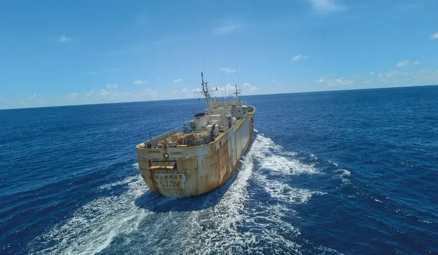 The ship of many names, including STS-50, photographed in the Indian Ocean by the conservation group Sea Shepherd. Image by Jax Oliver/Sea Shepherd. Indian Ocean, 2018.