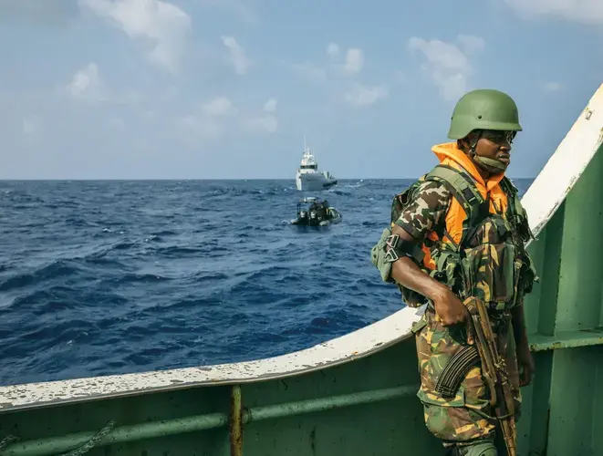 A Sea Shepherd boat, with local authorities and members of Fish-i Africa aboard, intercepts an illegal fishing vessel off the coast of Tanzania in 2018. Image by Jax Oliver/Sea Shepherd. Tanzania, 2018.