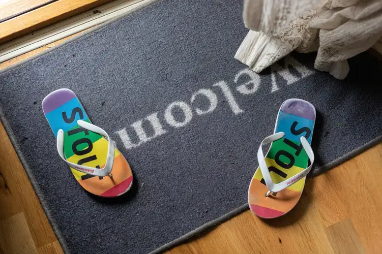 The flip-flops pictured here are from Stockholm's annual Pride march. Image by Bradley Secker. Sweden, 2020.