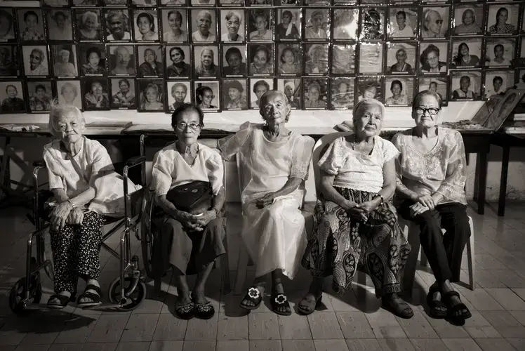 Remedios Tecson (from left), sisters Estela Adriatico and Narcisa Claveria, Felicidad delos Reyes and Estelita Dy were teens when they were sexually enslaved. Many of the estimated 1,000 Filipinas who served as 'comfort women' died of injuries or illness. Survivors suffered from post-traumatic stress disorder. Many went on to marry but said their wartime experiences made them societal outcasts. Image by Cheryl Diaz Meyer. Philippines, 2019.