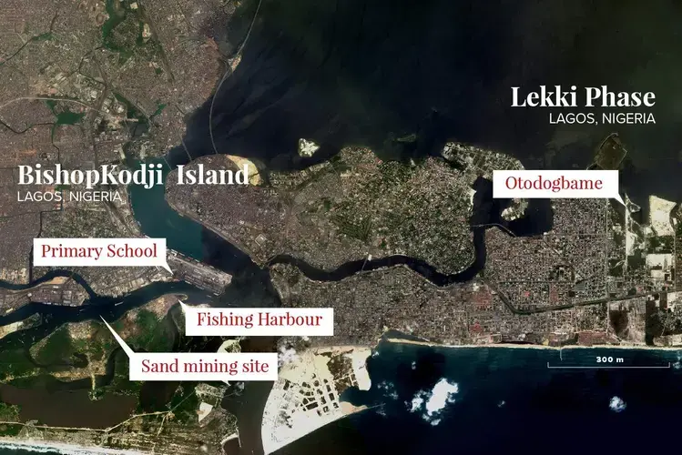 Satellite map of sand mining and dredging sites around Bishop Kodji Island and Otodo Gbame coastal communities. Image by Isacco Chiaf. Nigeria, 2017.