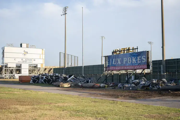 Months after the storms, damage was still apparent at the McNeese State University campus. Image by Katie Sikora. United States, 2020.<br />
