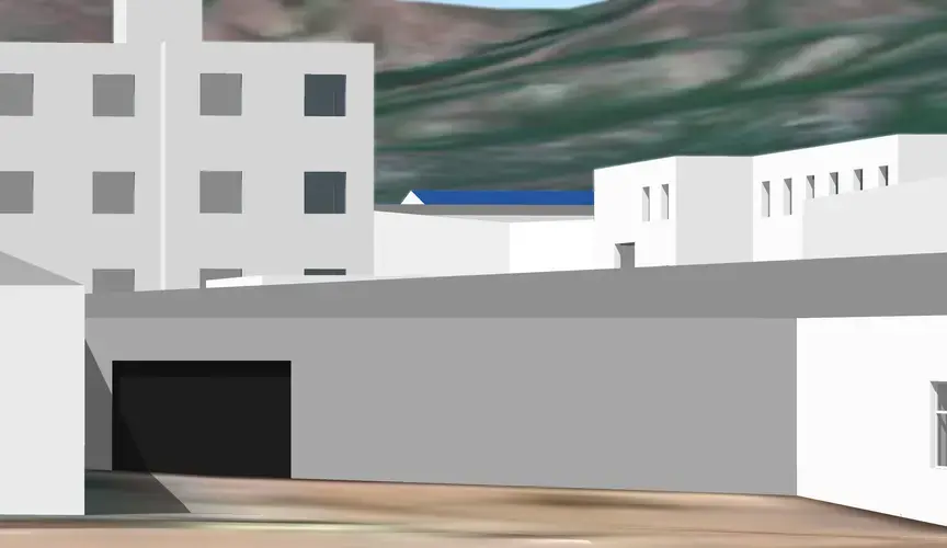 A rendering of the gate to “the new place,” with the building seen in the background, based on satellite images. Image by Alison Killing.