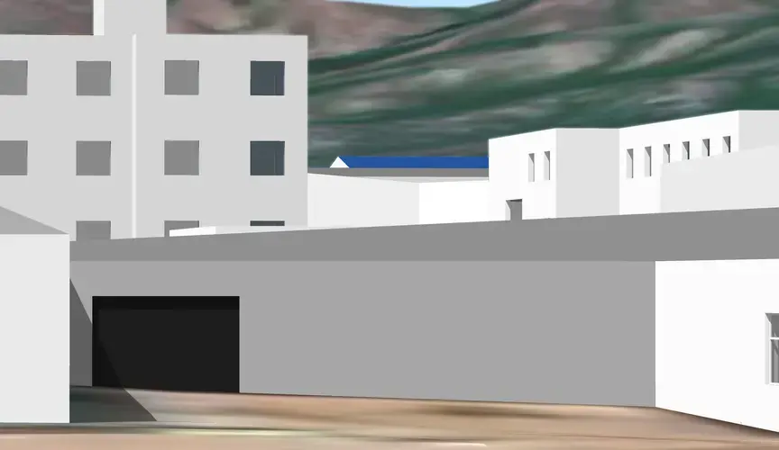 A rendering of the gate to “the new place,” with the building seen in the background, based on satellite images. Image by Alison Killing.