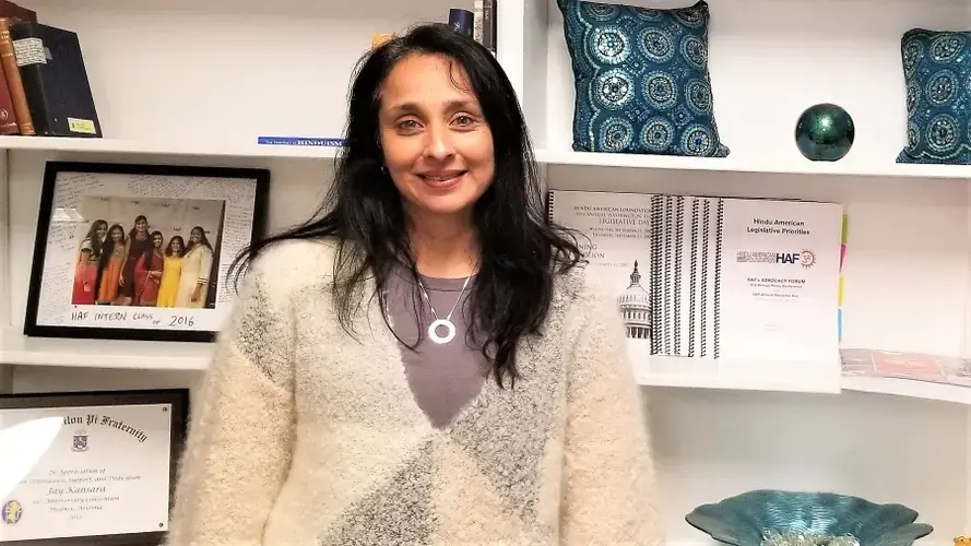 Suhag Shukla, co-founder and executive director of the Hindu American Foundation, says the organization condemns discrimination across the board, but suggests that what some call casteism in the United States may be overblown. Image by Phillip Martin/WGBH News. USA, 2019.