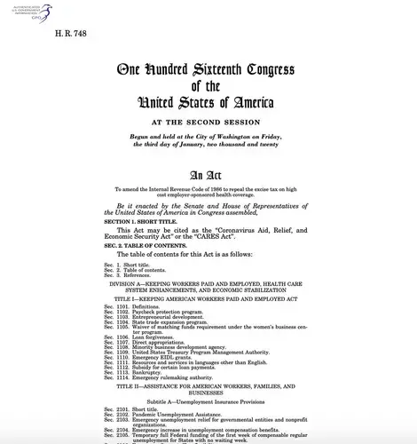 The CARES Act, a $2 trillion COVID-19 relief bill passed by Congress on March 27, earmarked $4 billion for HUD’s Emergency Solutions Grant program to help homeless people. Image courtesy of Congress.gov.