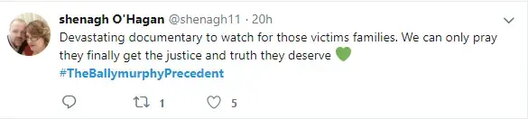 A viewer reacts to The Ballymurphy Precedent​​​​​​​ on Twitter. Image courtesy of Dartmouth Films. Ireland, 2018.