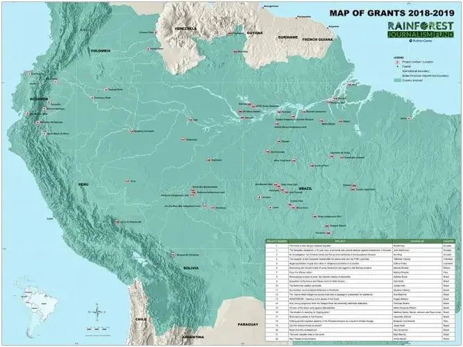 A map, designed by cartographer Marcos Brito, depicts all Rainforest Journalism Fund projects reported since the initiative's launch in 2018. Image by Jan Rocha. Brazil, 2019.