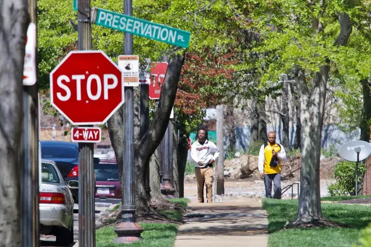 The Preservation Square neighborhood where Kim Daniel feels increasingly unsafe. Image by Wiley Price/St. Louis American. United States, 2020.