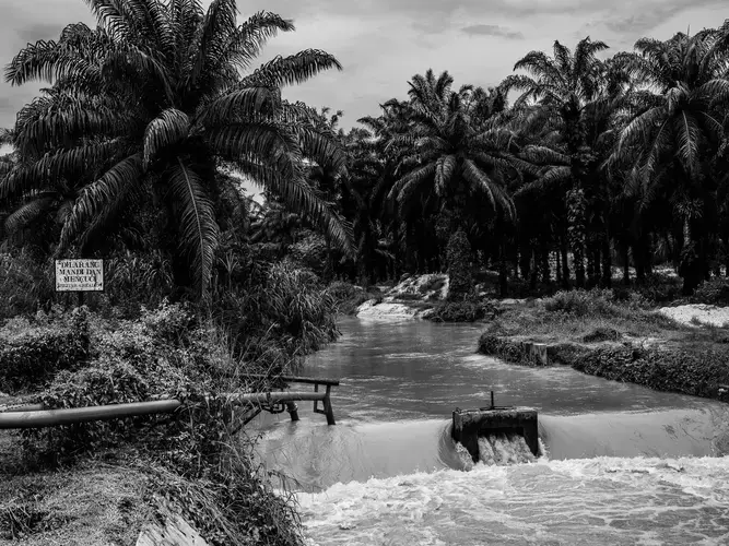 A muddy river in Kandis, with a sign on its banks discouraging people from using the water. Image by Xyza Cruz Bacani. Indonesia, 2018.