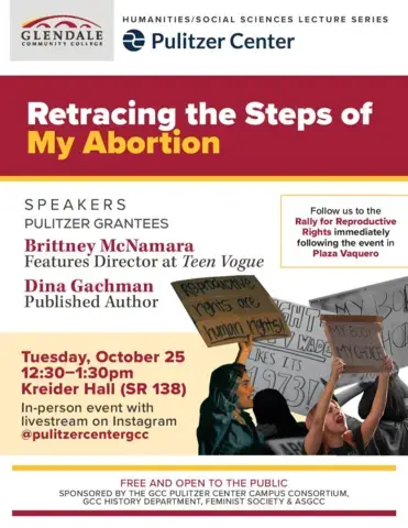 A flyer for "Retracing the Steps of My Abortion." Includes speakers Brittney McNamara and Dina Gachman. 