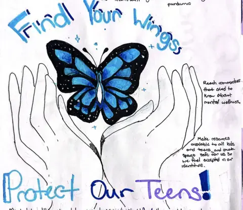 A drawing of hands with a butterfly between them surrounded by the text "Find your Wings, Protect our teens"