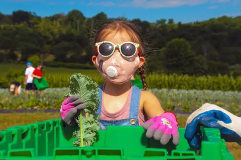 A young girl in sunglasses and a medical face mask holds a leafy green at a farm.