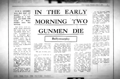 Newspaper headline reading, "In the early morning two gunmen die".