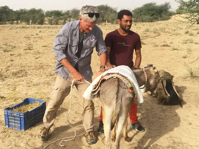 Paul Salopek readies his donkey for the day's walk. Image by Mark Schulte. India, 2018.