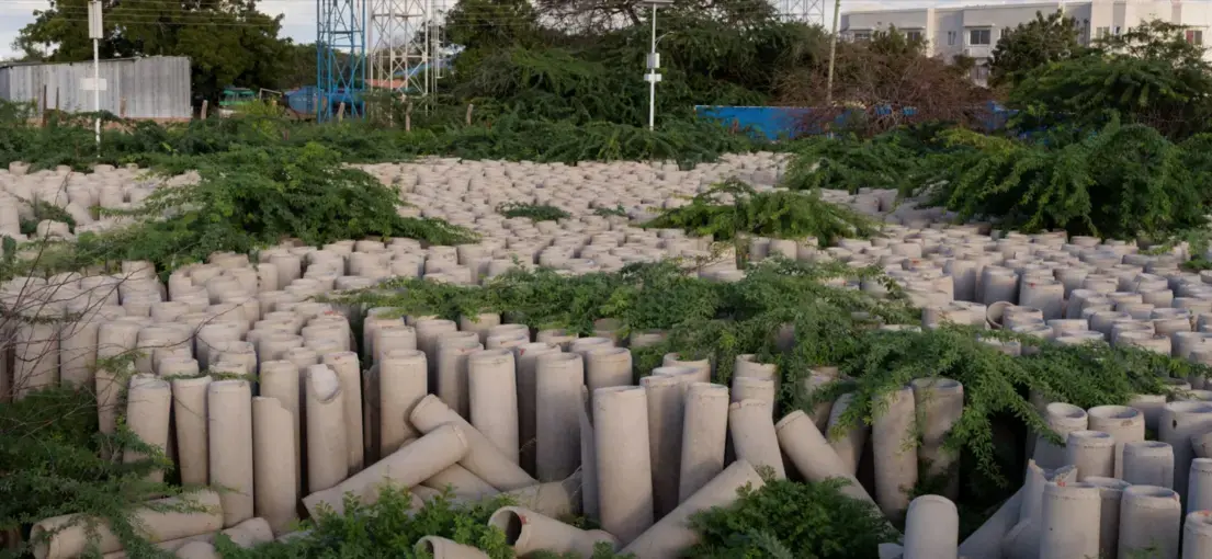 Pipes meant for a massive, incomplete sewage project in Wajir. The project, financed by the Ministry of State for Development of Northern Kenya and Other Arid Regions, started and stalled in the early 2000s. It was reported several times to the What Went Wrong? survey. Image by Peter DiCampo. Kenya, 2018.