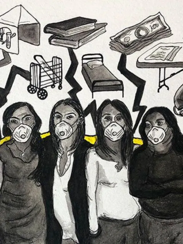 Illustration of people wearing N95 masks surrounded by books, money, a bed, and a shopping cart