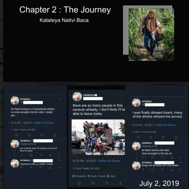 a student design of an imagined stream of social media posts by a woman migrating to the United States from Honduras
