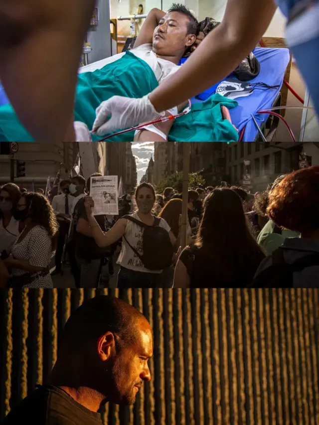 Collage of images showing a person receiving an IV in the hospital; a person protesting at twilight; and a man's profile as he walks down the street at night.