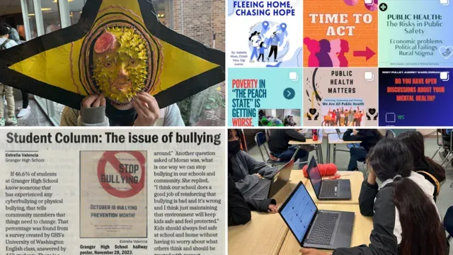 A composite image of four five student projects that were created in the teacher fellowship program in spring 2024. The top left image is a student-created mask, the top right image is a composite of instagram posts, the bottom left image is a student-written article published in a local newspaper, and the bottom right photos reflect high school students working in their classroom