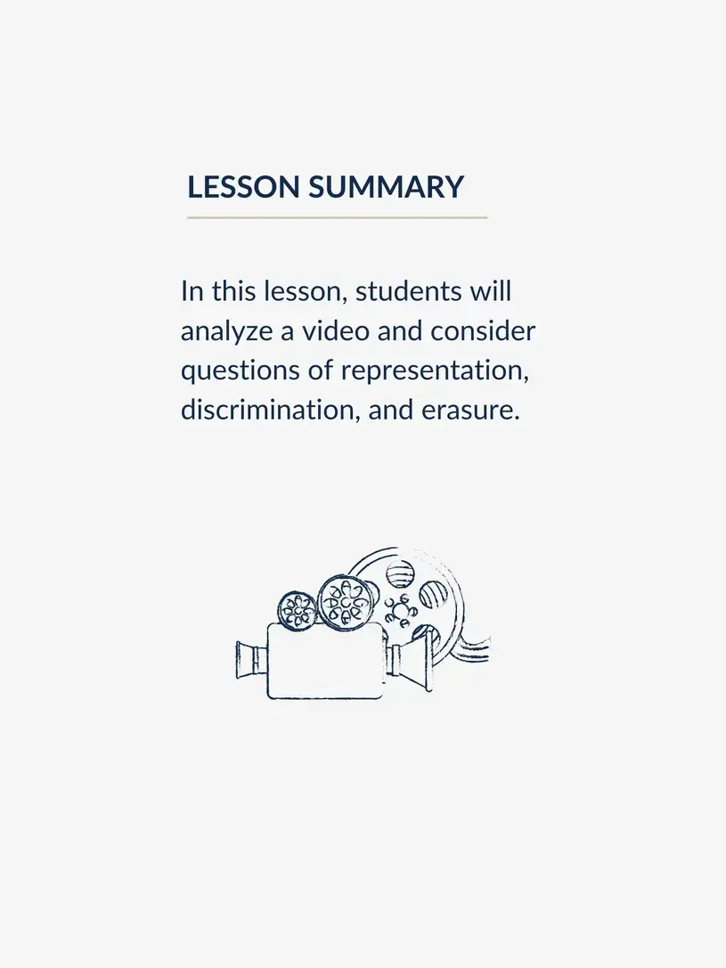Lesson summary graphic, reading: Students will analyze multimedia reporting and consider questions of Indigenous representation, discrimination, and erasure.