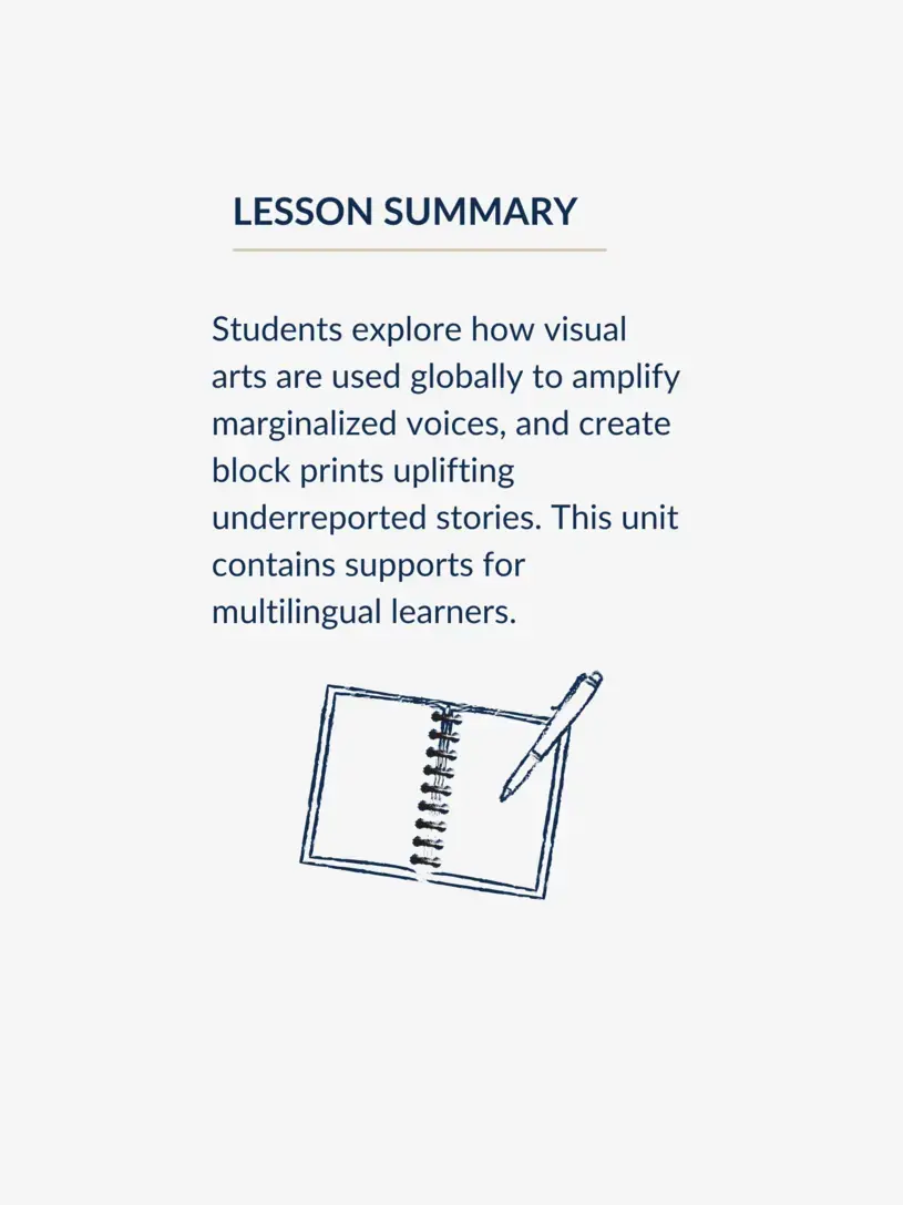 Lesson summary graphic, reading: "Students explore how visual arts are used globally to amplify marginalized voices, and create block prints uplifting underreported stories. This unit contains supports for multilingual learners."