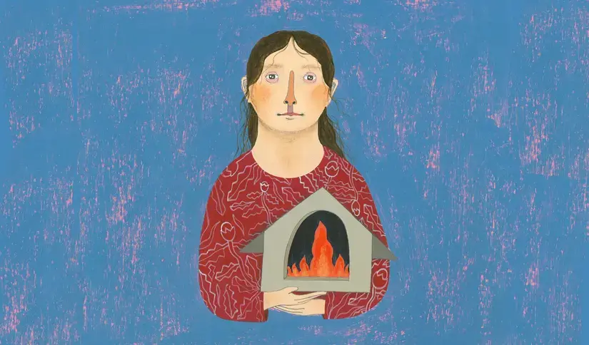 Illustration of a girl holding a small wooden house, inside of which is a flame. Text reads, 'not your refugee.'