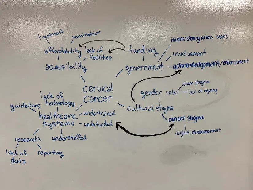 A diagram written on a whiteboard documents how high school students in Naperville, IL connected cervical cancer rates to multiple societal factors. 