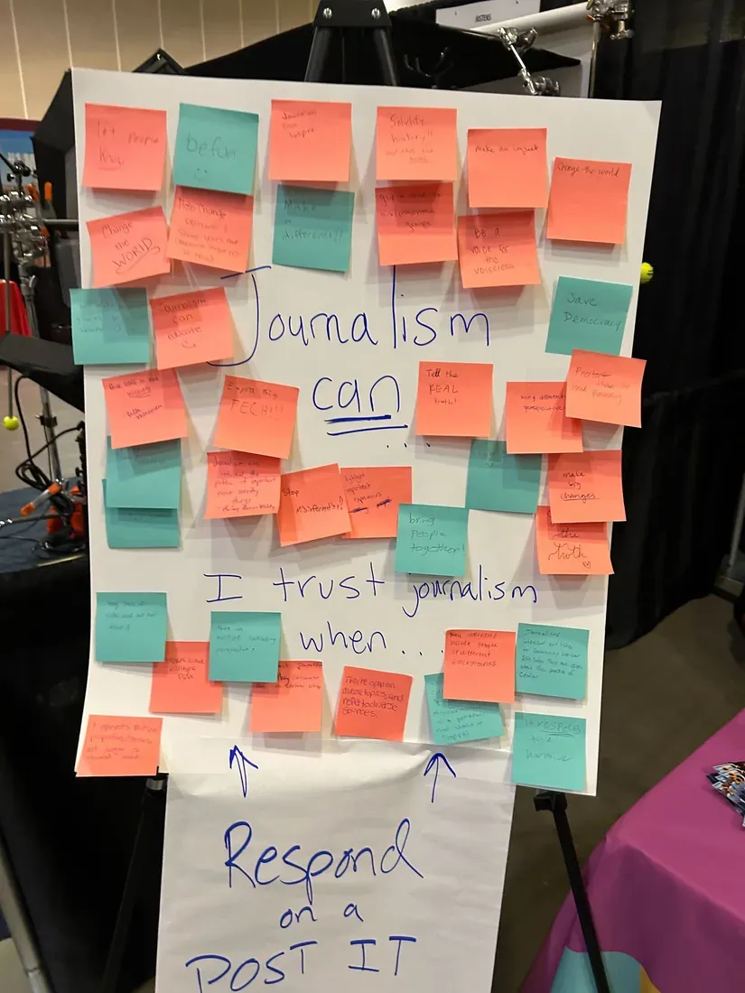 Posterboard the poses the question "What can journalism do?" The posterboard is filled with post-it responses.