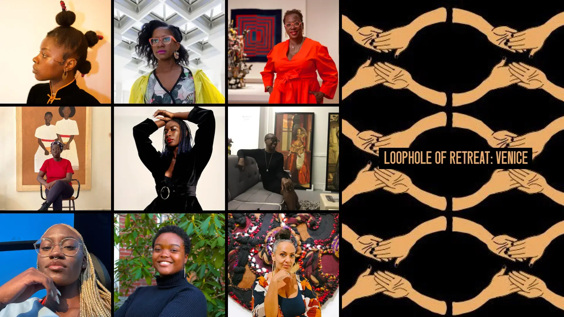 Portraits of nine people in a gridded format (left); Loophole of Retreat: Venice flyer (right)