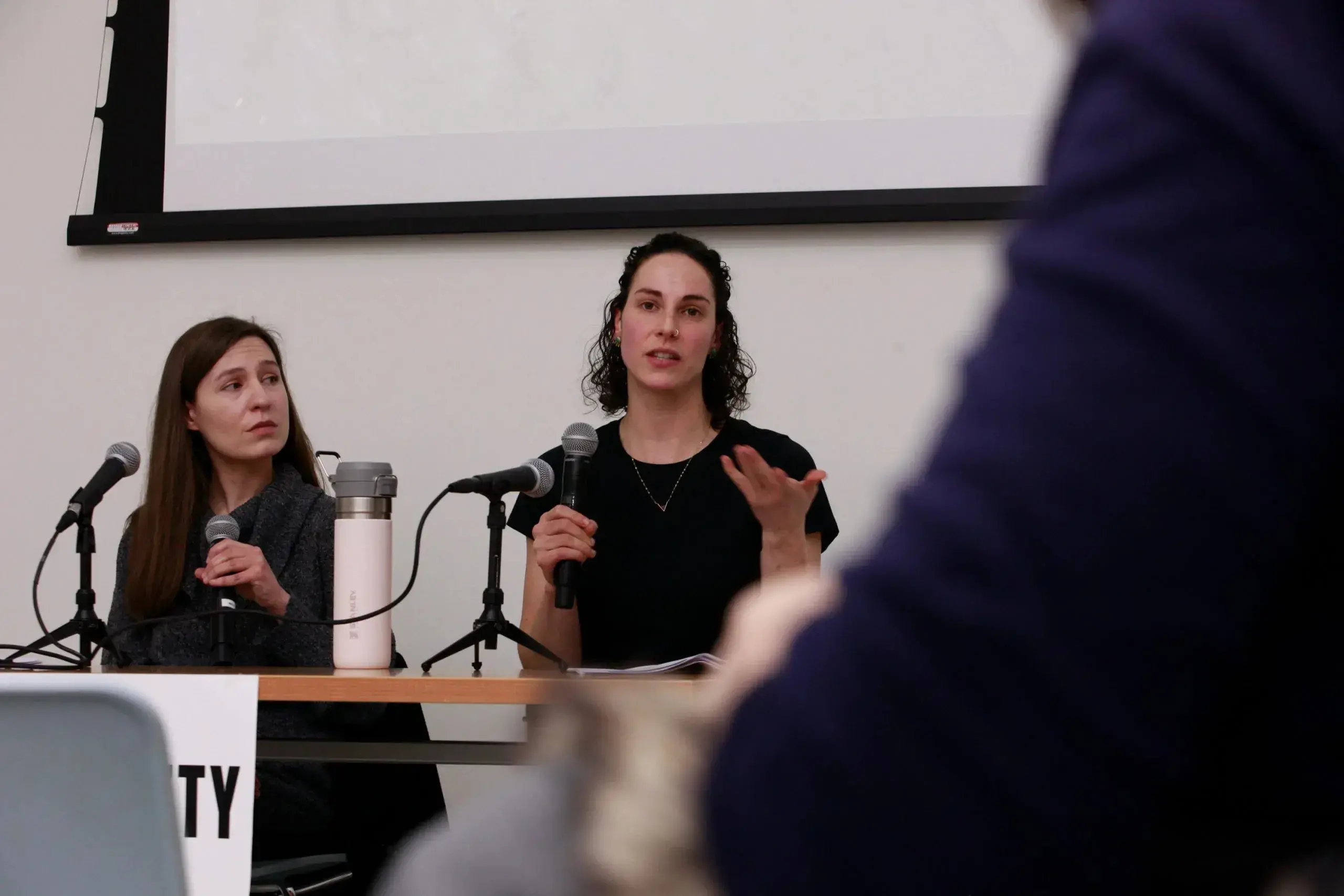 Two panelists speak at a table with microphones