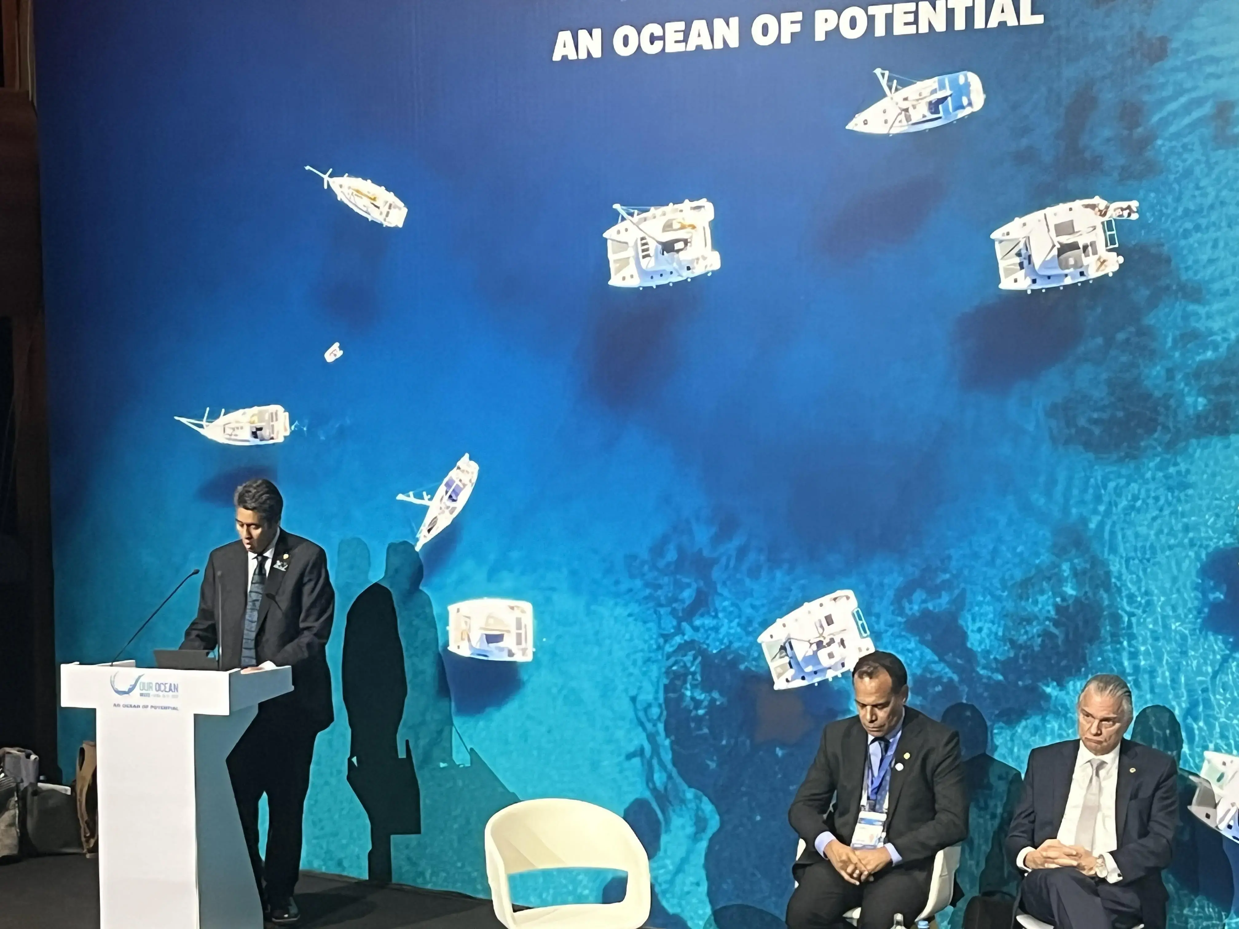 A speaker at the oceans conference in Athens