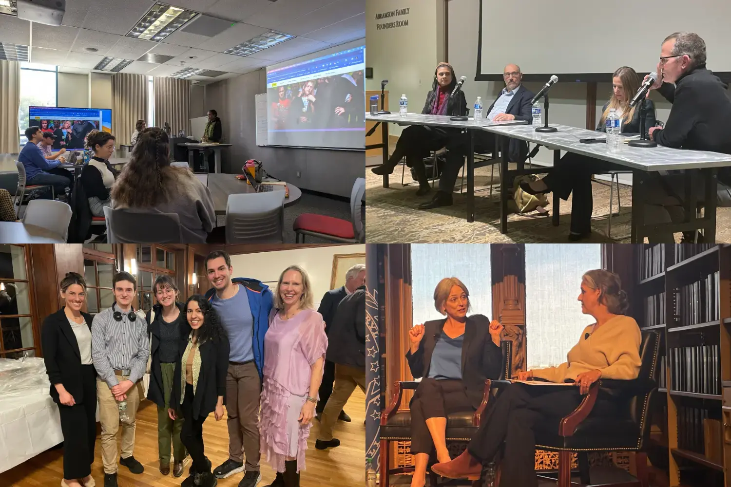 A photo collage of images of people sitting in classrooms, posing together.