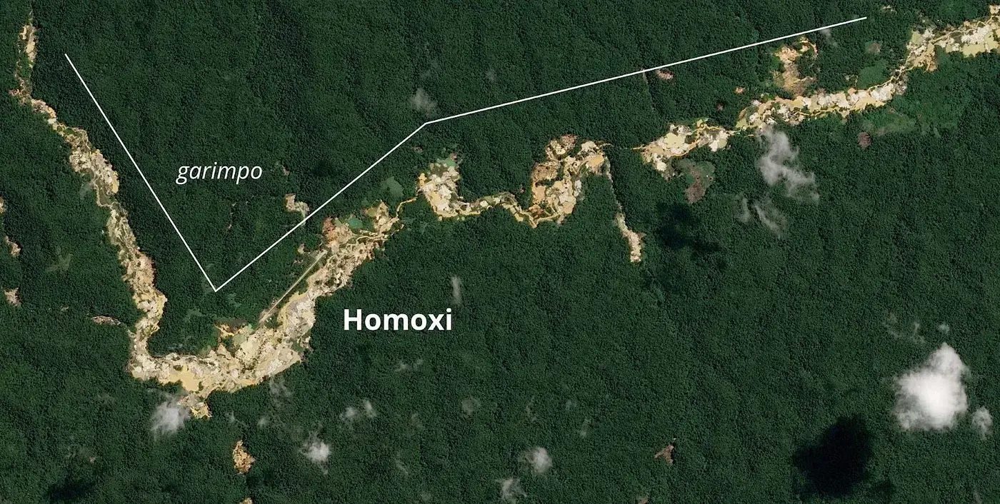 Em 2022, um grande complexo de minas, ou garimpo, tinha invadido completamente o curso superior do rio Mucajai e a aldeia Yanomami de Homoxi. Imagem cortesia de © Airbus DS / Earth Genome. Brasil.