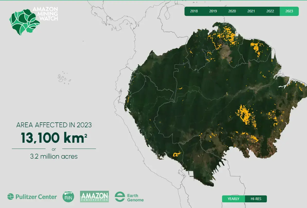Vista geral da plataforma Amazon Mining Watch mostrando o total de área afetada pela mineração: 3,2 milhões de acres ou 13,1 mil km2