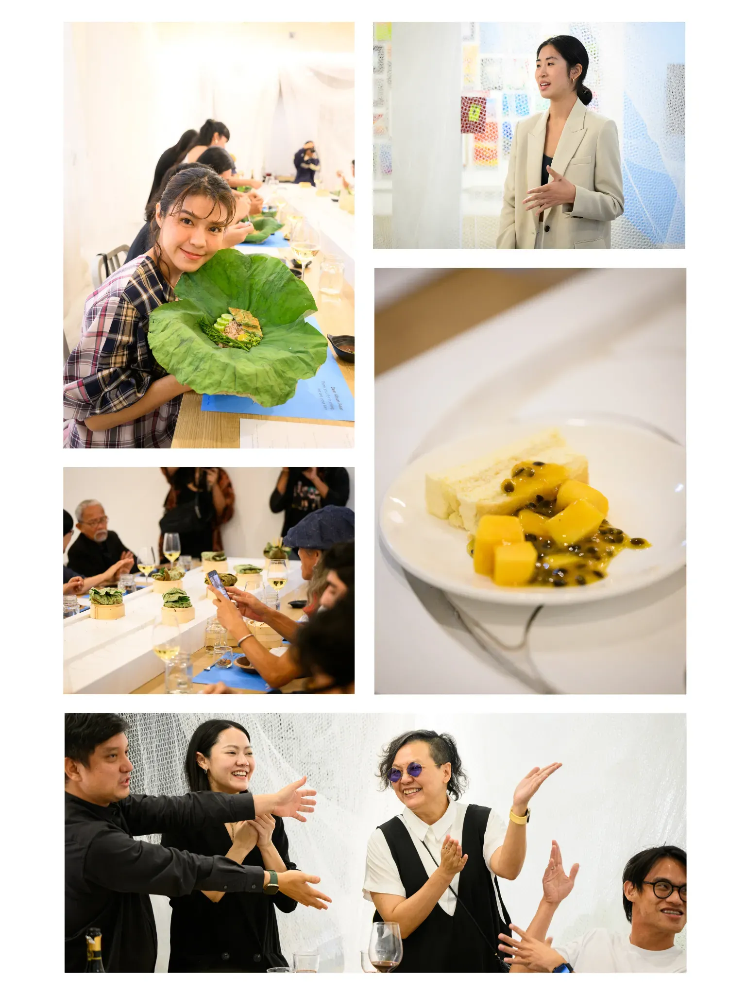 Image collage from a dinner party. Some attendees are standing to speak in two of the photos. In one, a person takes a picture of the food with their phone. Another picture shows a passion fruit pastry. And a fifth picture shows a young woman posing with her dish.
