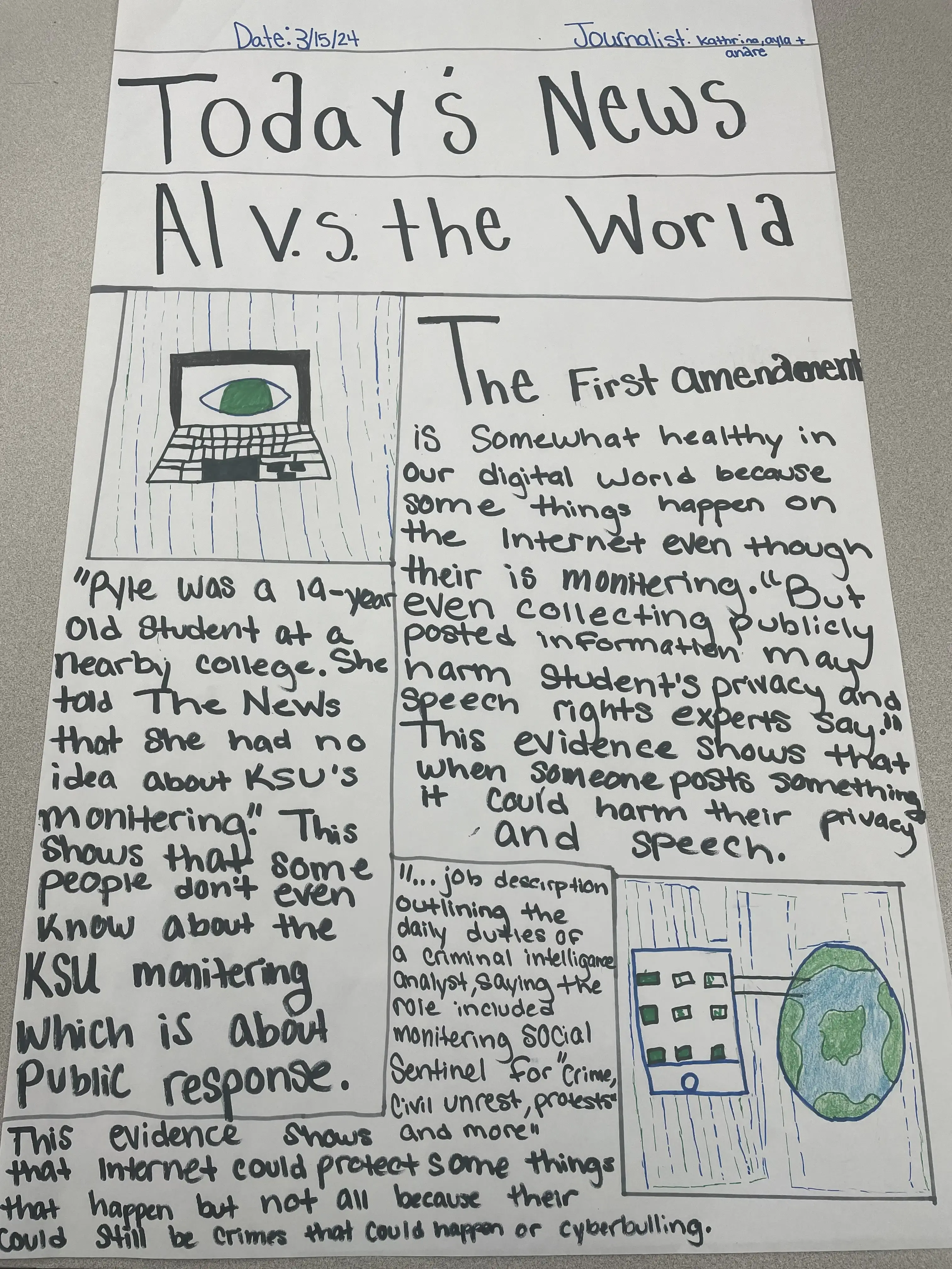 A photo of a student drawing of a newspaper front page with the headline "Today's News: AI vs. the World"