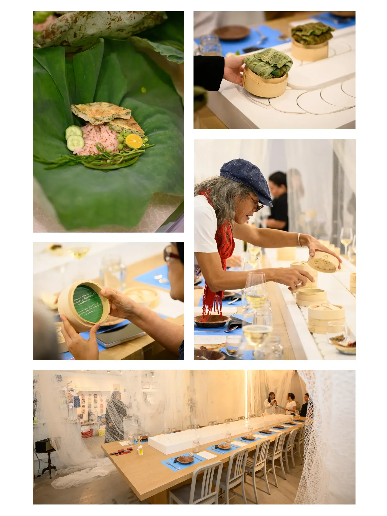 Photo collage from a dinner where a banana leaf wrapped fish dish is served on a conveyor belt on a long table. People display messages found inside the empty steam baskets with quotes from the story.